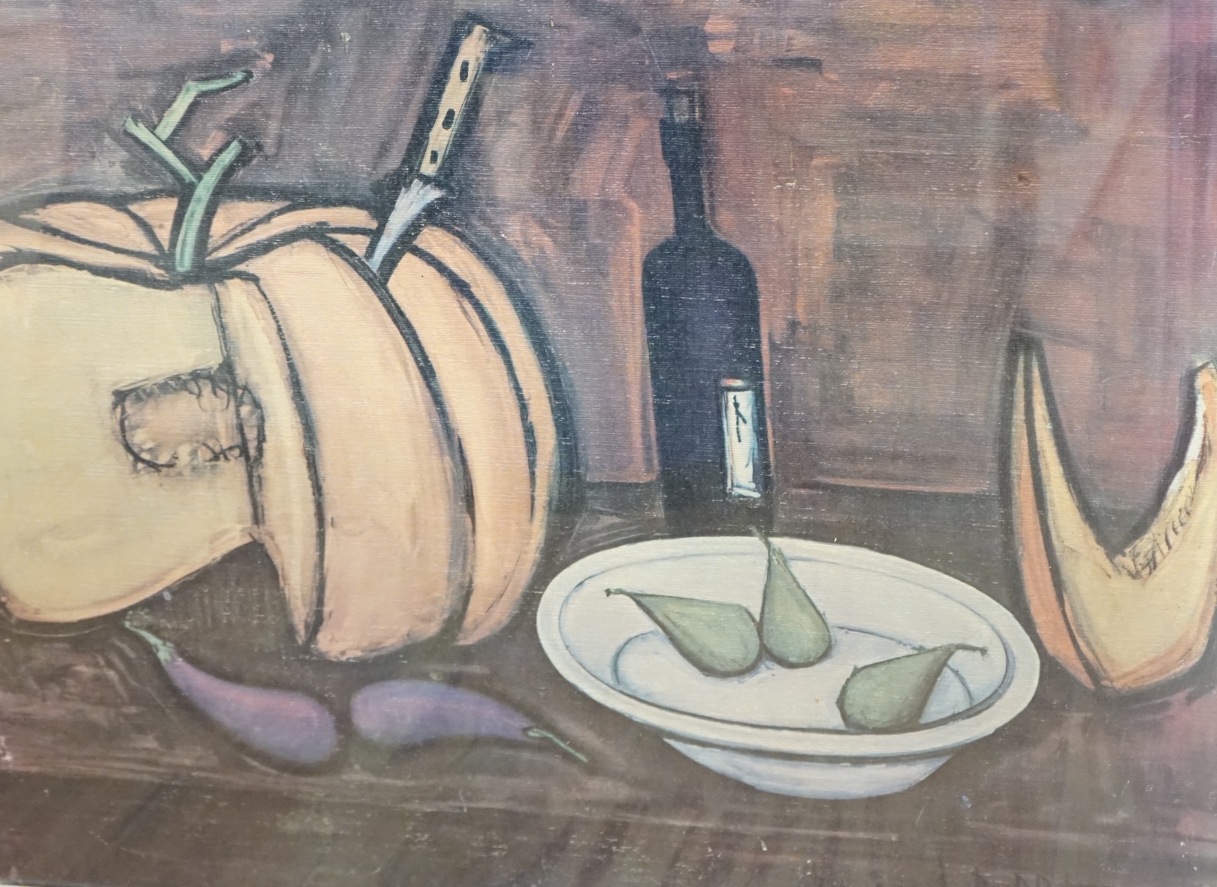 After Bernard Buffet (French, 1928-1999), colour lithograph, Expressionist still life of fruit and vegetables, 59 x 74cm. Condition - fair